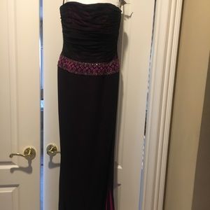 Maroon evening dress.